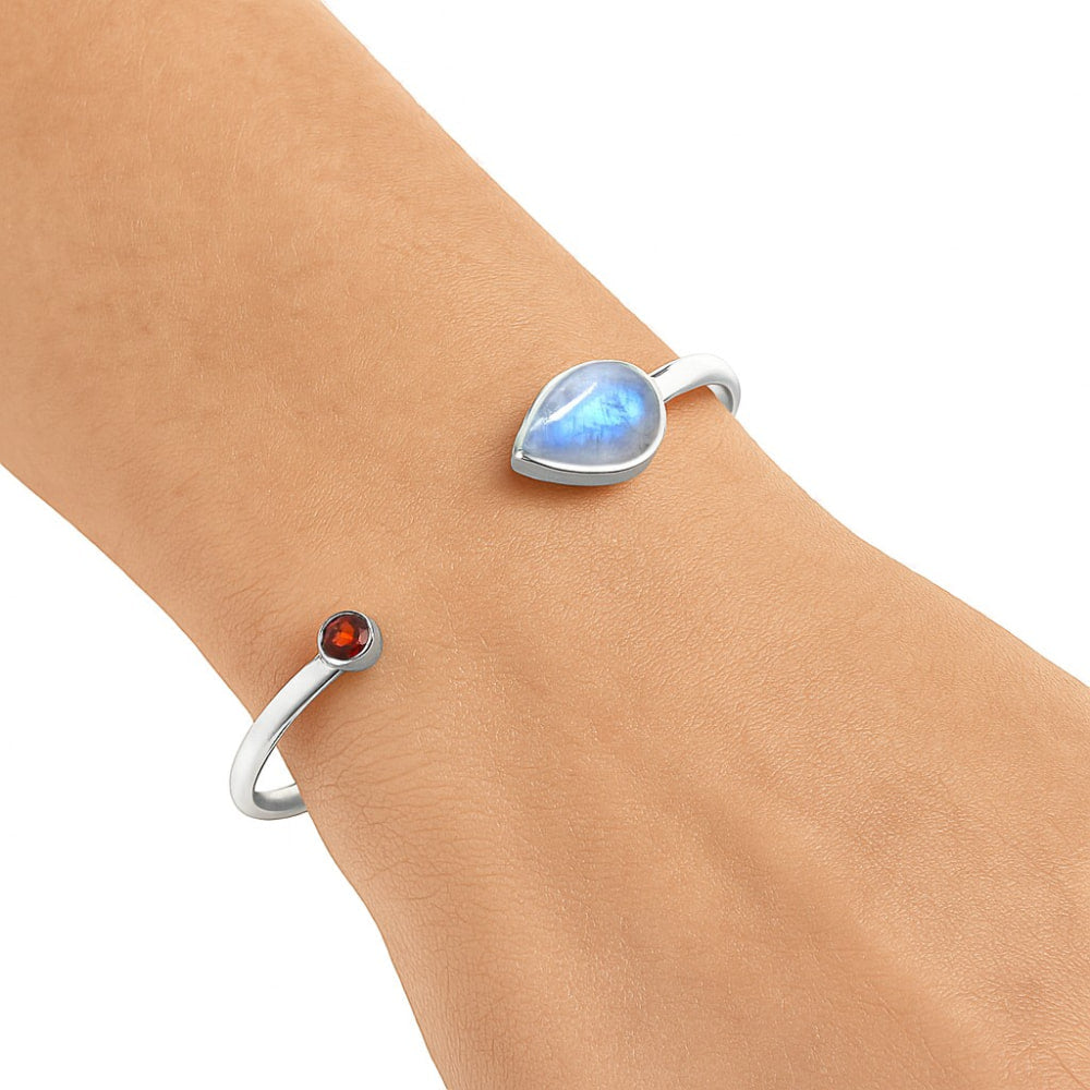 Rainbow Moonstone & Garnet Cuff Bracelet | 925 Sterling Silver Sacred Bangle for Intuition & Passion