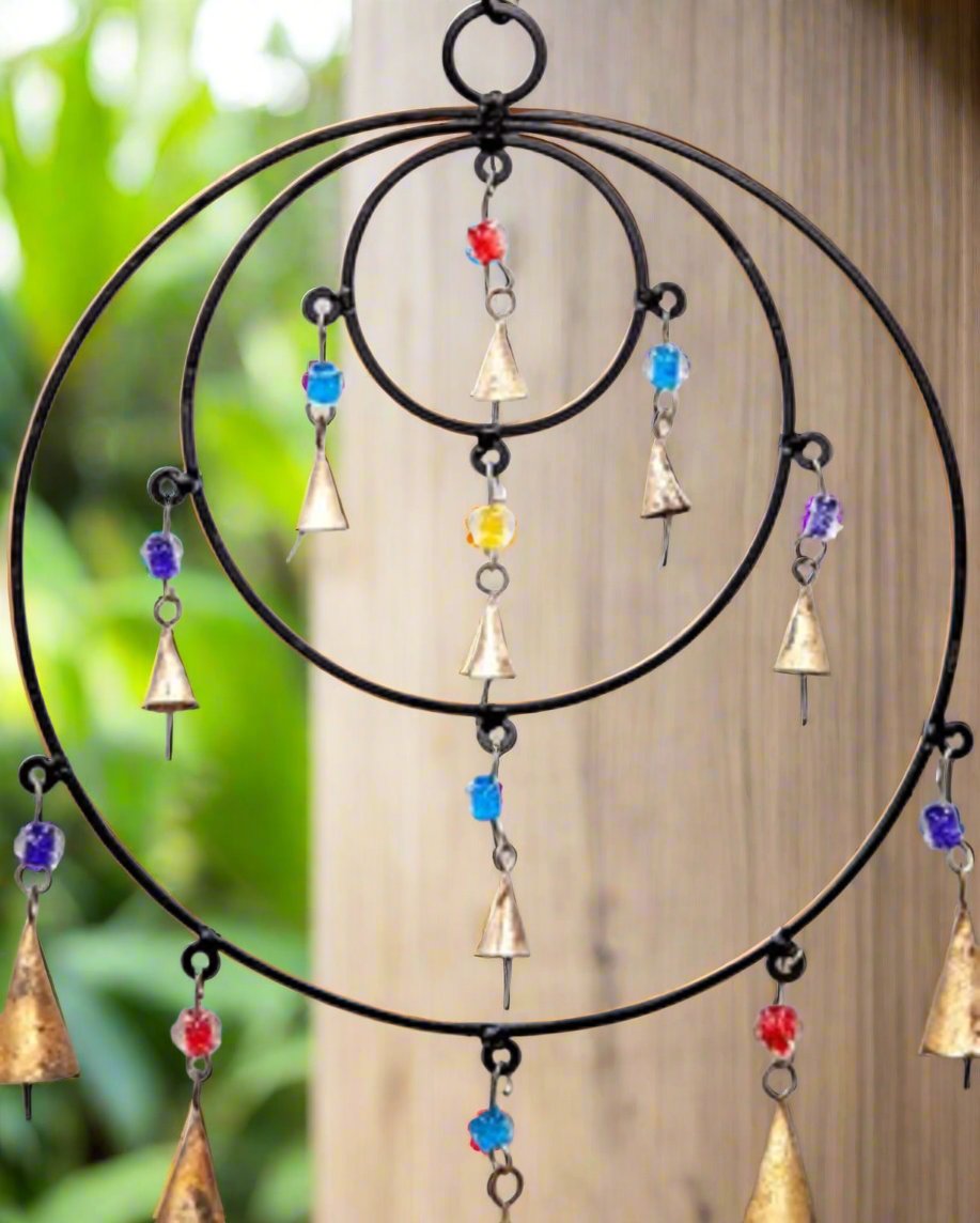 Triple Circle Chime | Handcrafted Iron Chime with Glass Beads & Brass Bells for Sacred Space & Ritual