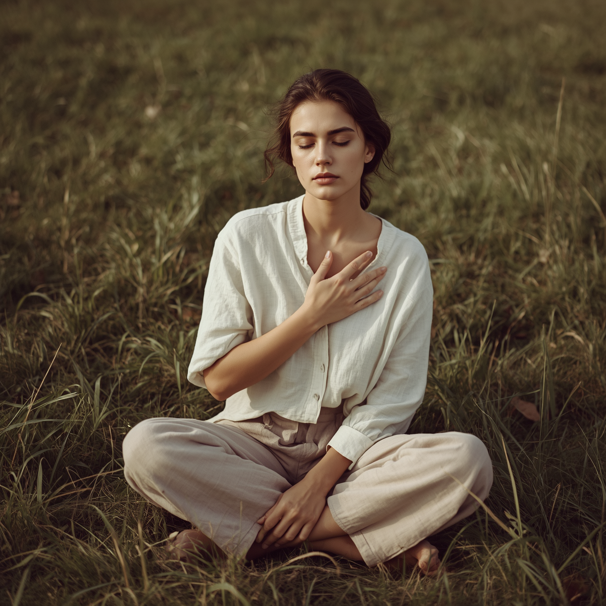 A woman seated in a field with eyes closed and hand on heart, embodying stillness and the calming ritual.
