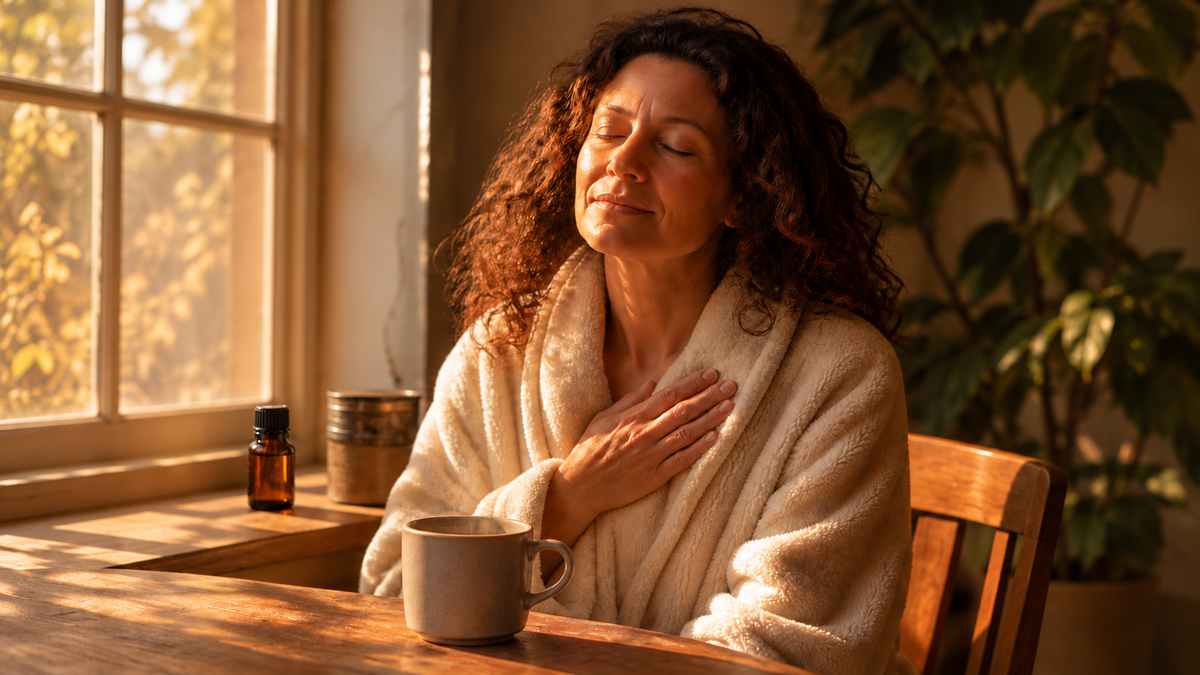 A woman with curly dark hair sits in a cream robe beside a sunlit window, eyes closed and one hand over her heart. A ceramic mug rests on the wooden table in front of her. A small amber essential-oil bottle with a dark cap and a metallic tin sit near the window, with a leafy green plant behind her. Warm golden light fills the scene.