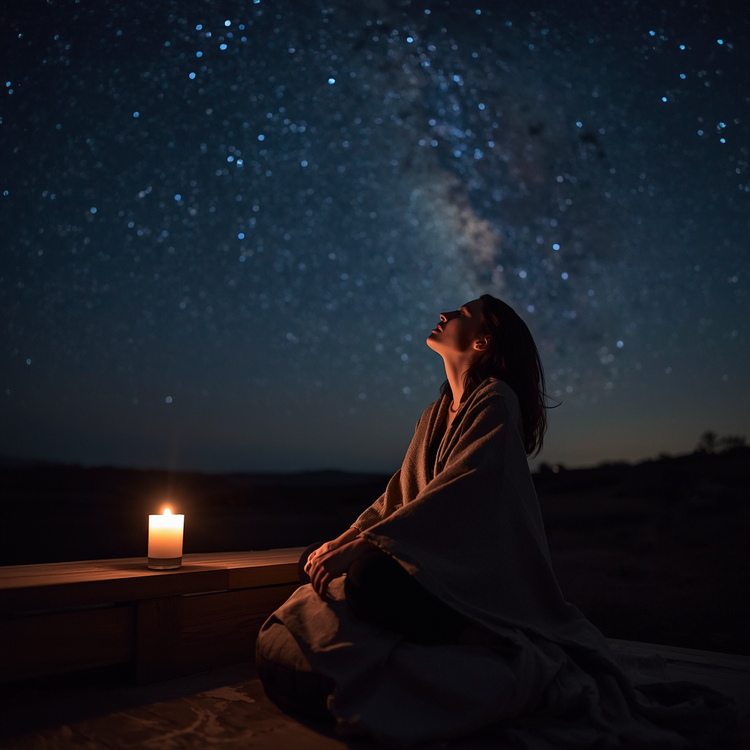 Woman on a cushion outdoors at night, blanket draped in shadow around her. Face tilted upward, eyes closed, quietly surrendered. Candlelight on her face and hands. Deep indigo sky scattered with stars, Milky Way above. Inward balance.