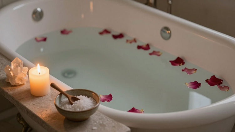 A white clawfoot tub filled with milky water and scattered rose petals, a glowing candle, raw crystals, and a bowl of salt scrub resting nearby — a bath ritual prepared and waiting.