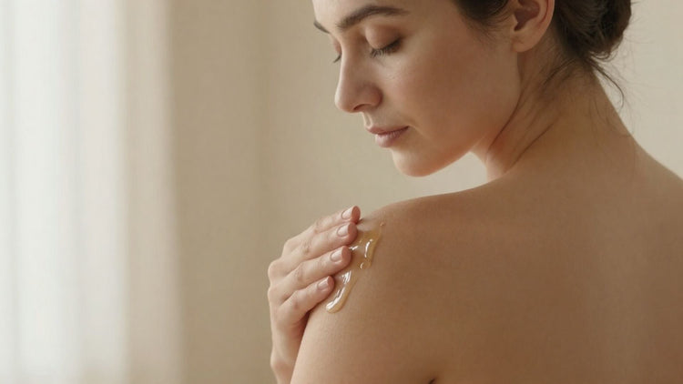 Woman from behind, eyes closed, gliding golden oil across her shoulder in warm natural light — a body care ritual as an act of returning home.