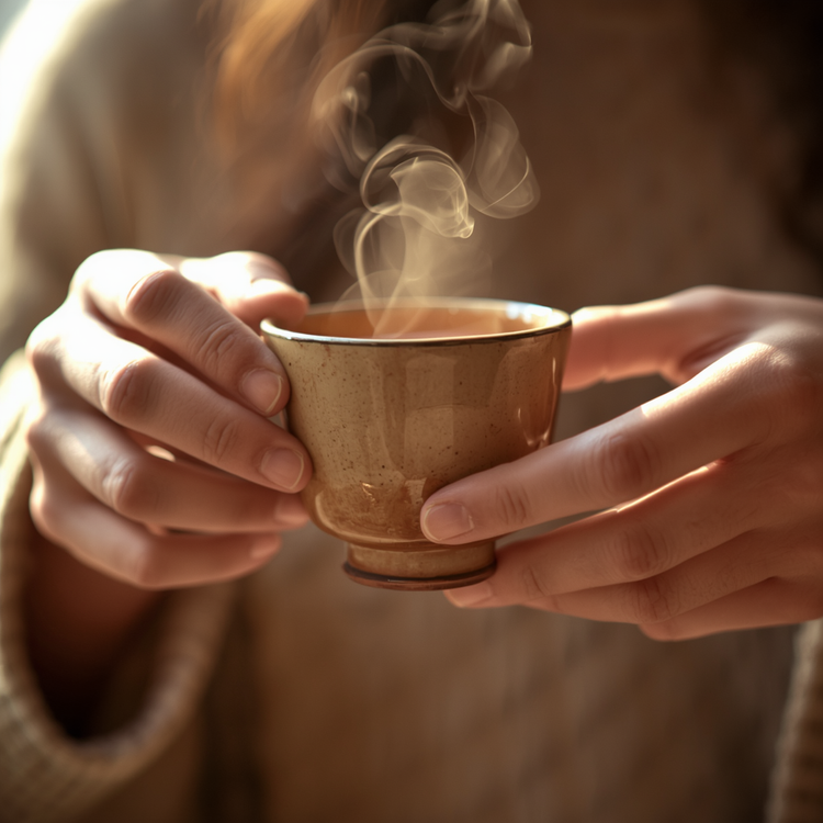 A close-up of two hands gently lifting a warm ceramic teacup mid-motion, as if about to take the first sip. Soft wisps of steam rise in golden light, capturing a quiet, intentional moment of calm within a personal ritual.