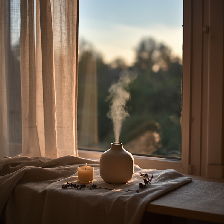 Off-white ceramic diffuser with soft mist on natural linen. Cream candle to the right, lavender sprigs draped softly around it. Flowing curtains frame a window, warm gold sky fading to dusky blue, tree silhouettes beyond. Calm and still.