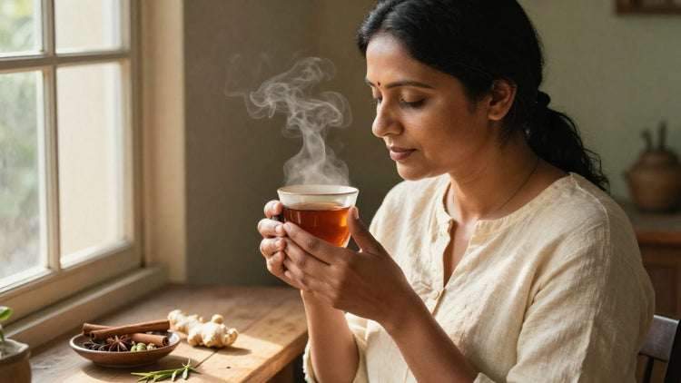 An Indian woman in her forties stands at a sun-filled window, eyes closed, hands wrapped around a ceramic cup of amber herbal tea, inhaling the rising steam — cinnamon, cardamom, and fresh ginger nearby — a sacred morning ritual of daily nourishment.