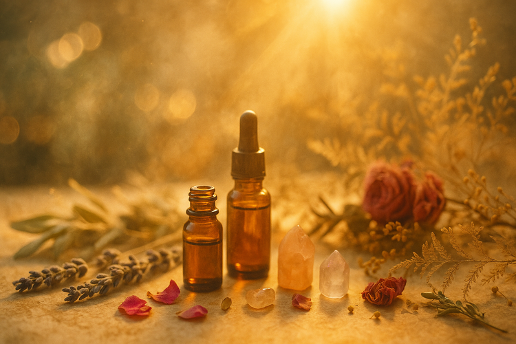 Aromatherapy oils, crystals, and dried flowers in warm sunlight
