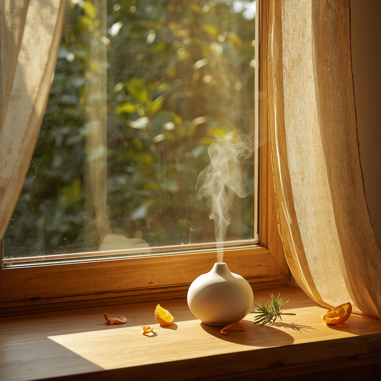 Off-white ceramic diffuser with rising mist on distressed honey-toned wood. Billowing sheer curtain, angled morning light, scattered orange peels and rosemary sprig. Soft blurred garden foliage beyond the glass. Bright and uplifting.