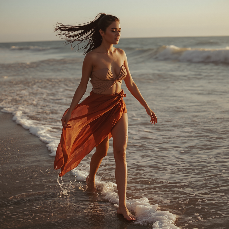 Woman in flowing terracotta sarong walking barefoot along the shoreline, black hair in loose ponytail, face in soft profile. Feet submerged in wet sand as a wave flows over them. Warm golden light, luminous reflection. Quietly grounded.