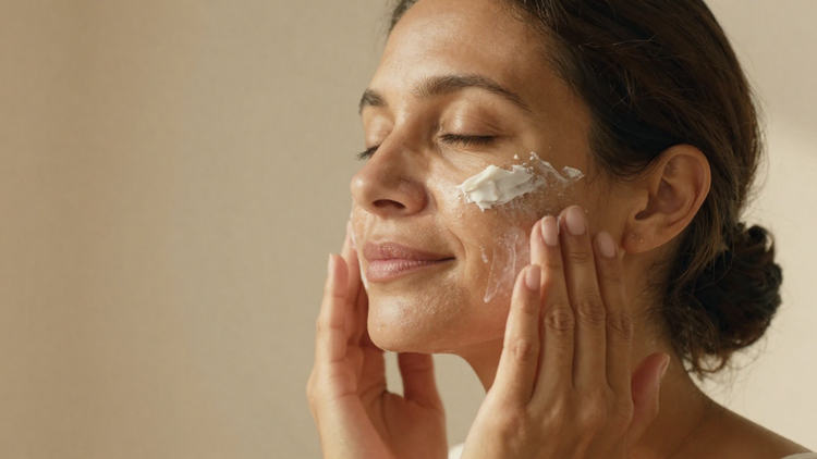 A woman applies a face mask with eyes closed and hands soft against her skin — fully present in a sacred skincare ritual rooted in nourishment, tenderness, and the art of returning to herself.