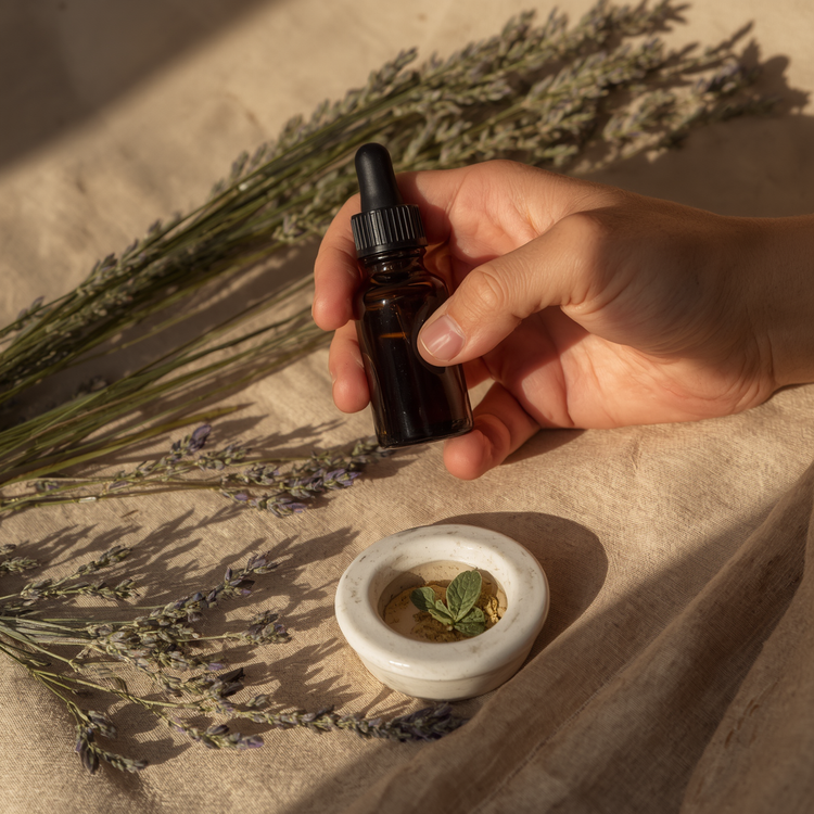 A close-up of one hand holding an amber glass dropper bottle mid-ritual, surrounded by lavender sprigs and a ceramic dish of sage and peppermint on linen, in warm golden light — candid and unposed, like a real moment of hormonal self-care.