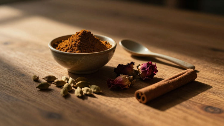 A warmly lit still-life of a ceramic bowl filled with triphala powder, surrounded by cardamom pods, dried rose petals, and a cinnamon stick on a raw wooden surface — evoking an unhurried, intentional end-of-day ritual.