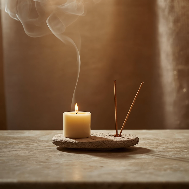 Cream beeswax candle and two incense sticks in a dark stone holder, slightly off-center on a natural stone surface. Soft ribbon of smoke rises toward the flame. Warm amber pre-dawn light, softly blurred background. Sacred stillness.