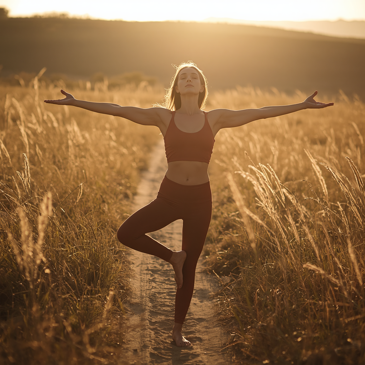 Woman in tree pose at sunrise, arms wide open, face lifted toward the sky. She wears a  olive-green sports bra and terracotta yoga pants. Barefoot in an open field, golden morning light behind her, tall grass swaying. Grounded, sacred, free.