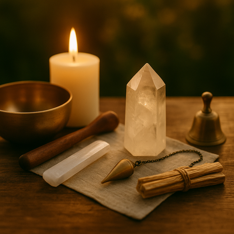 Altar with singing bowl, crystal, and bundle of Palo Santo