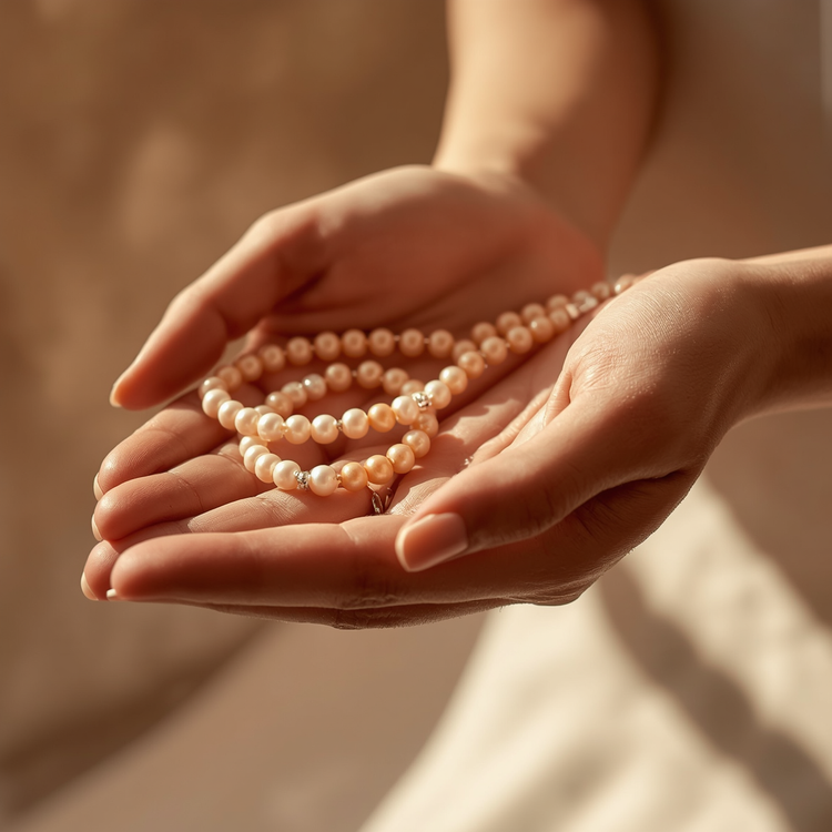 Two hands cupped together, palms up, cradling a peach and white pearl mala. Soft warm light glows across skin and beads. Minimal peachy-cream background with whisper of fabric. Tender. Devotional. Sacred.
