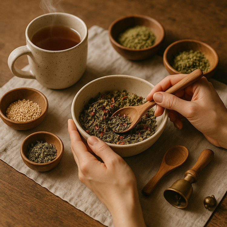 Hands preparing an herbal blend with tea and small bowls of herbs