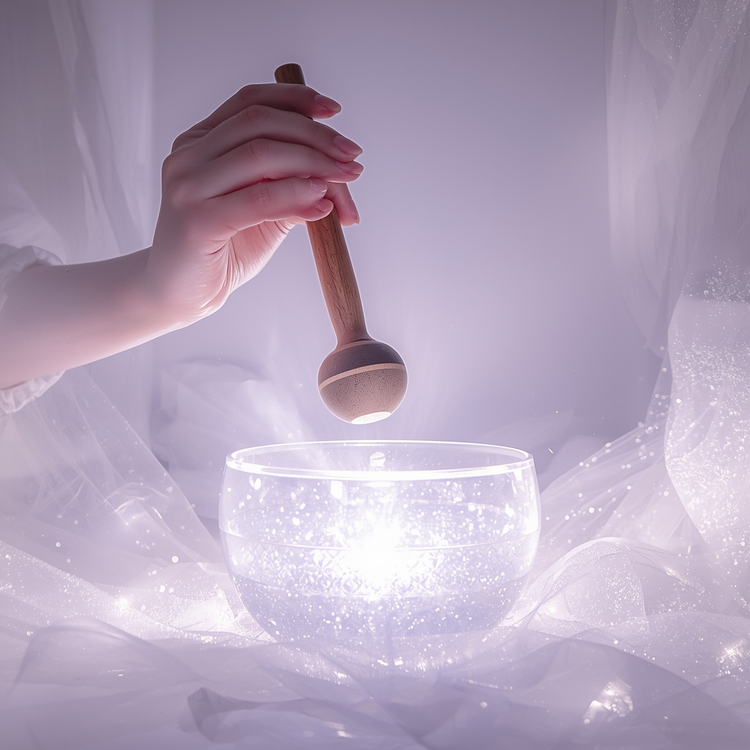 Woman's hand holding wooden mallet poised above glowing crystal singing bowl. Soft cool white light with a whisper of silver-violet radiates outward. Minimal, luminous, suspended. The breath before the strike. Sacred stillness.