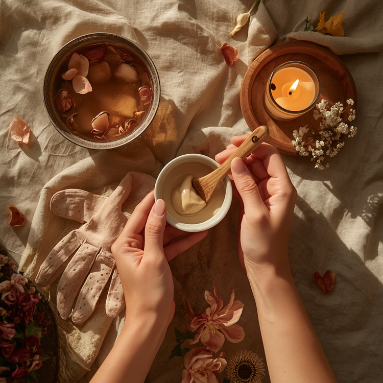 Close-up of hands preparing a face mask in a handmade ceramic bowl, surrounded by floating rose petals, lit candles, and soft cream linen in warm golden evening light — a sacred skincare ritual.