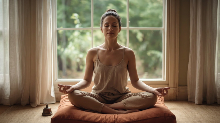 Woman in loose beige tank and pants meditating on terracotta cushion before sunlit window, hands in mudra, eyes closed. Warm earth tones, soft morning light, lush green foliage beyond glass. Serene stillness.