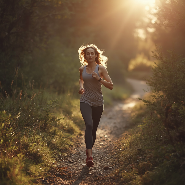 Woman mid-stride on a sunlit dirt trail through lush woods at golden hour, hair flowing, wearing a mauve tank and dark leggings — energized morning movement through nature.