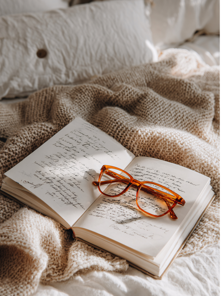 Journal Writing in morning bed with neutral and white neutral bedding