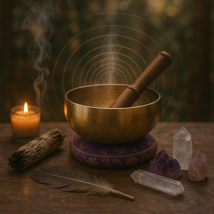 Person sitting cross-legged holding an engraved brass singing bowl, in warm natural light, evoking stillness and sacred ritual.