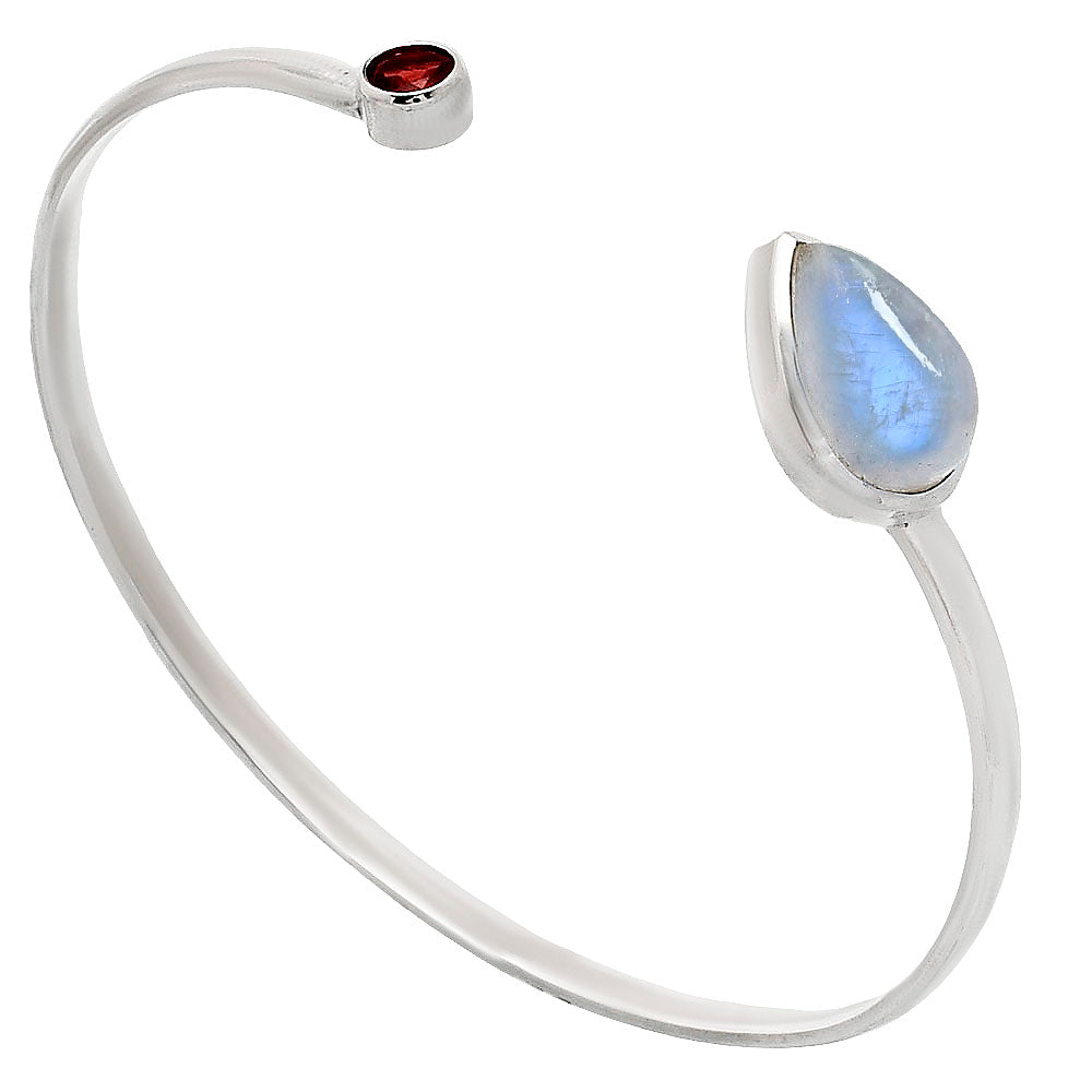 Rainbow Moonstone & Garnet Cuff Bracelet | 925 Sterling Silver Sacred Bangle for Intuition & Passion