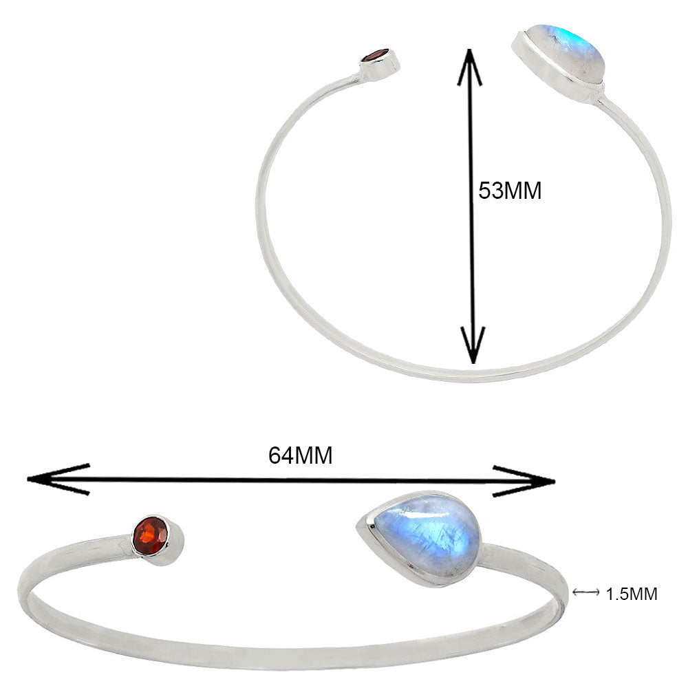 Rainbow Moonstone & Garnet Cuff Bracelet | 925 Sterling Silver Sacred Bangle for Intuition & Passion