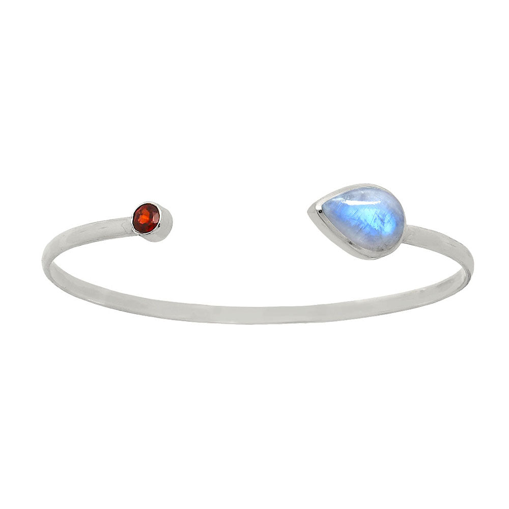 Rainbow Moonstone & Garnet Cuff Bracelet | 925 Sterling Silver Sacred Bangle for Intuition & Passion