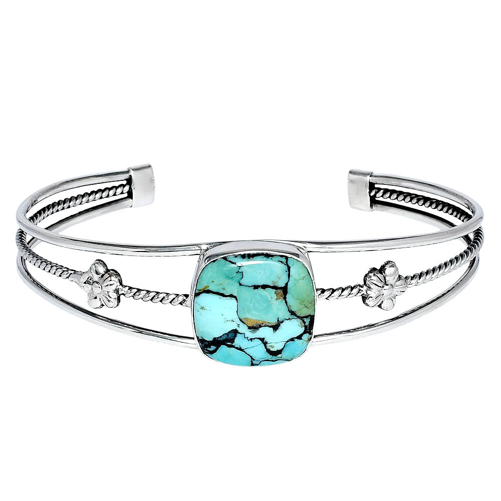 Tibetan Turquoise Cuff Bracelet | 925 Sterling Silver Sacred Gemstone Bangle for Protection & Truth