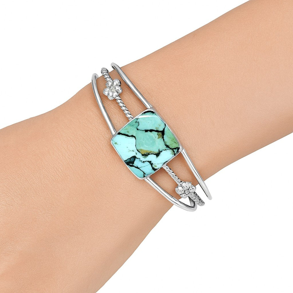 Tibetan Turquoise Cuff Bracelet | 925 Sterling Silver Sacred Gemstone Bangle for Protection & Truth