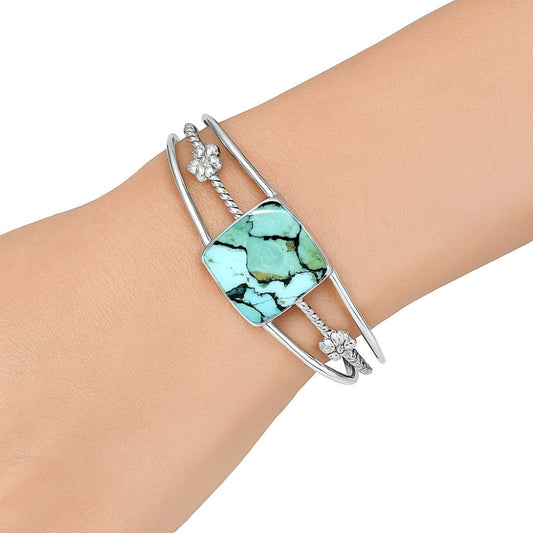 Tibetan Turquoise Cuff Bracelet | 925 Sterling Silver Sacred Gemstone Bangle for Protection & Truth