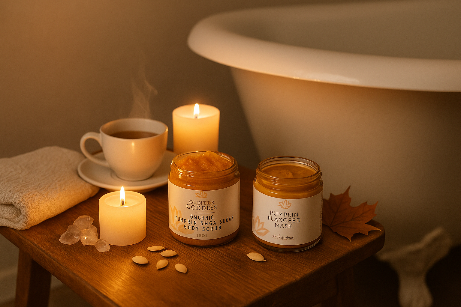 Candlelit bath scene with Glimmer Goddess pumpkin scrub and mask on a wooden stool beside a white tub, clear quartz, a steaming teacup, pumpkin seeds, and an autumn leaf