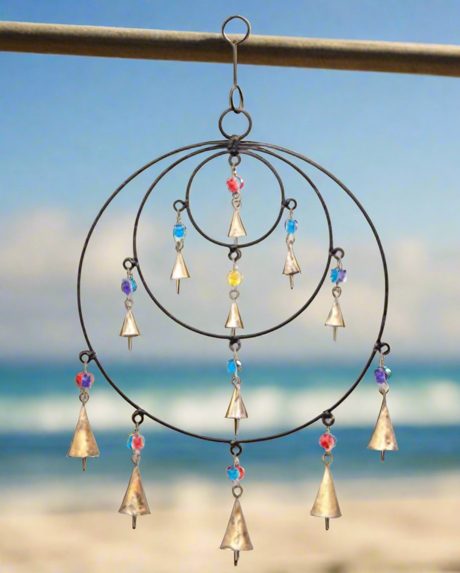 Triple Circle Chime | Handcrafted Iron Chime with Glass Beads & Brass Bells for Sacred Space & Ritual