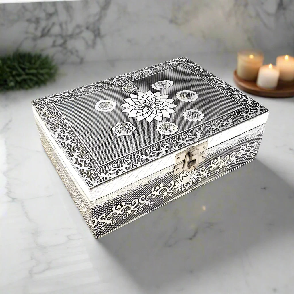 Divine Harmony: Hand-Carved Seven Chakra Wooden Box