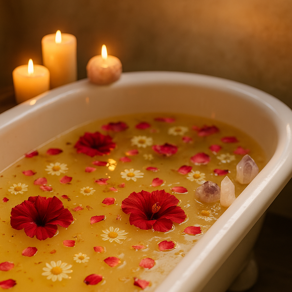 White porcelain tub filled with golden water, rose petals, hibiscus, chamomile, candles, and crystals creating a serene ritual bath.
