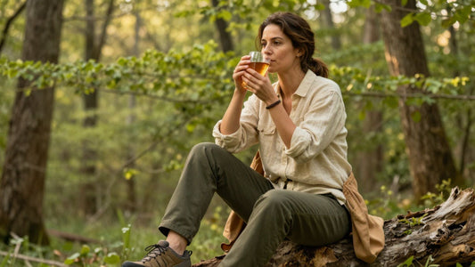 A woman with dark hair pulled back sits peacefully on a fallen log in a lush green forest. She wears a cream linen shirt, olive green pants, brown hiking
boots, and a tan canvas bag rests beside her. She holds a small clear glass of golden herbal tonic to her lips. Soft light filters through tall trees.
The atmosphere is calm and grounded — evoking the LYTE Freedom Grounding Beginners Ritual Bundle.
