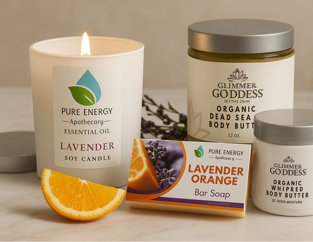 Candle, soap, and body butter with branding on a neutral background