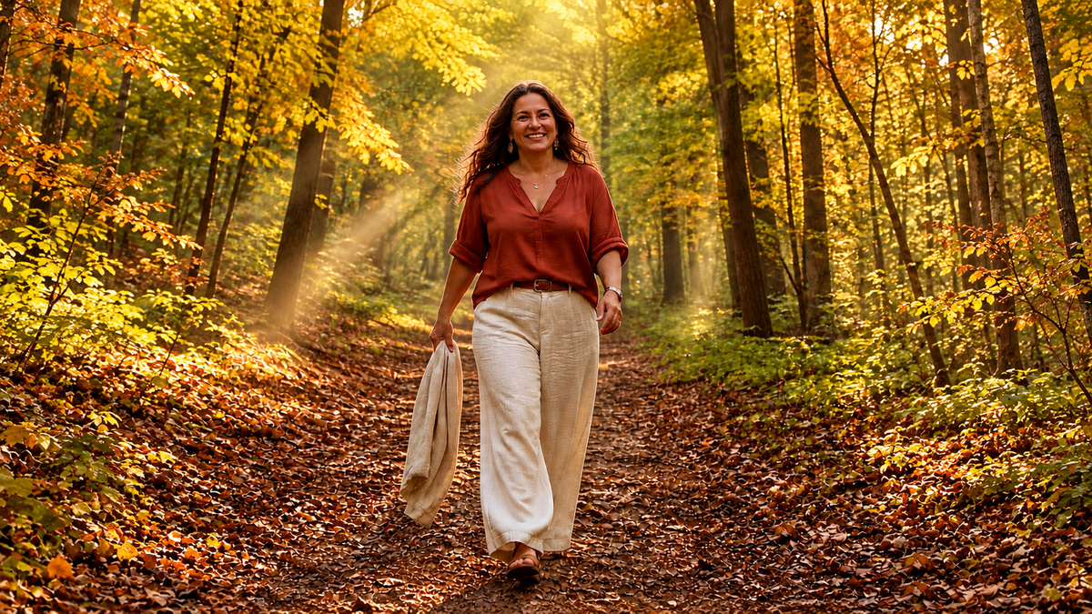 A middle-aged woman with long wavy dark brown hair walks confidently along a sunlit dirt forest path, mid-stride and smiling genuinely. She
wears a terracotta linen blouse, wide-leg cream pants, flat sandals, a delicate necklace, and small earrings, with a cream linen jacket draped loosely
in one hand. Warm golden light streams through trees transitioning from green to deep gold and amber, fallen autumn leaves covering the path beneath her
feet. Energizing and free — a real woman coming back to herself.