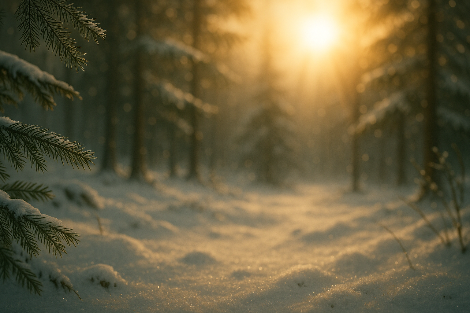 Sunlight glows through a serene winter forest, illuminating frost-covered pine branches with soft golden light and a calm, peaceful atmosphere