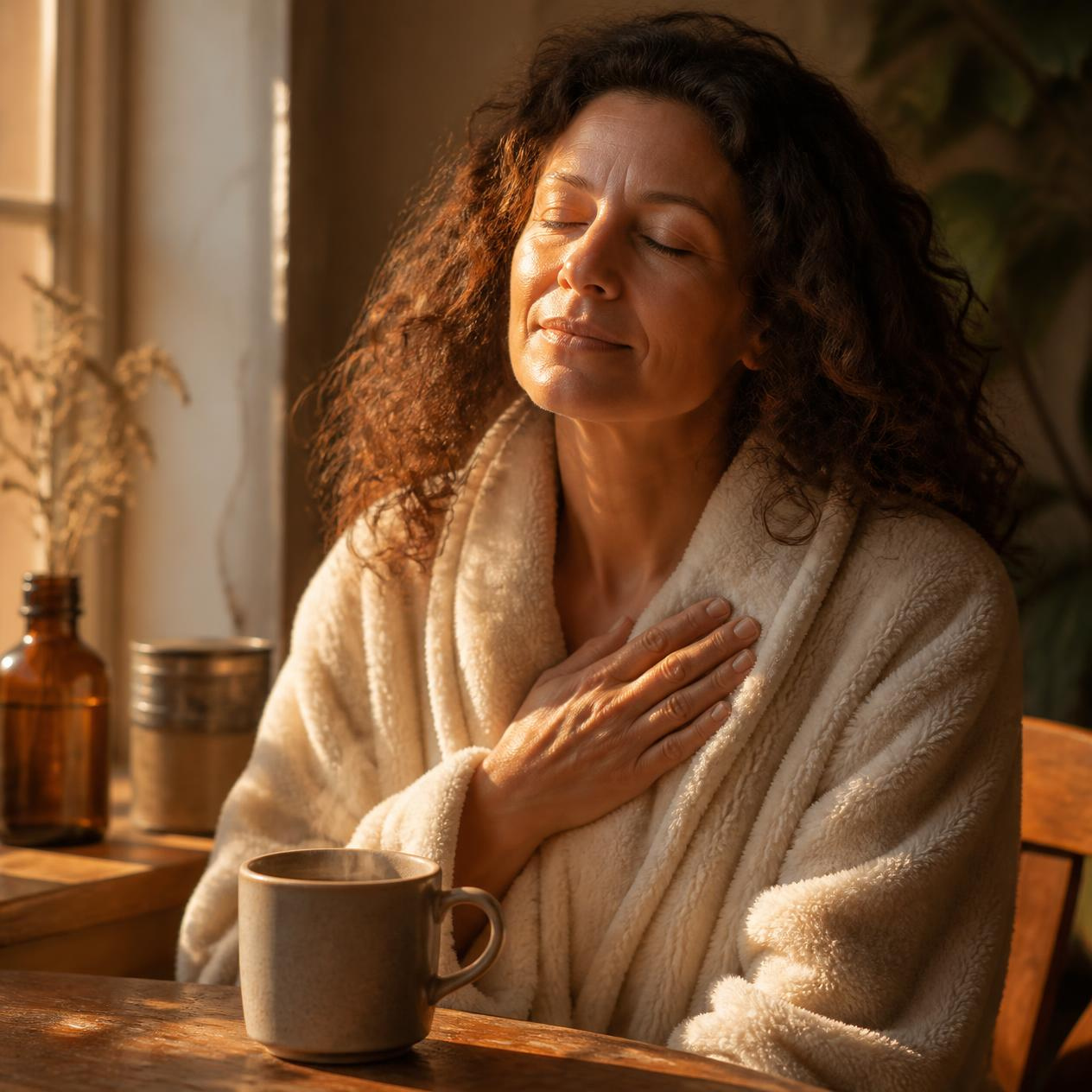 A middle-aged woman with long curly dark brown hair and warm highlights sits at a wooden table in soft golden autumn light, eyes gently closed, right hand
resting over her heart. She wears a plush cream terry cloth robe. A steaming taupe ceramic mug, an amber glass essential oil bottle, and a small metallic
tin rest on the table before her. Dried pampas grass and a lush green plant frame the warm, still scene.