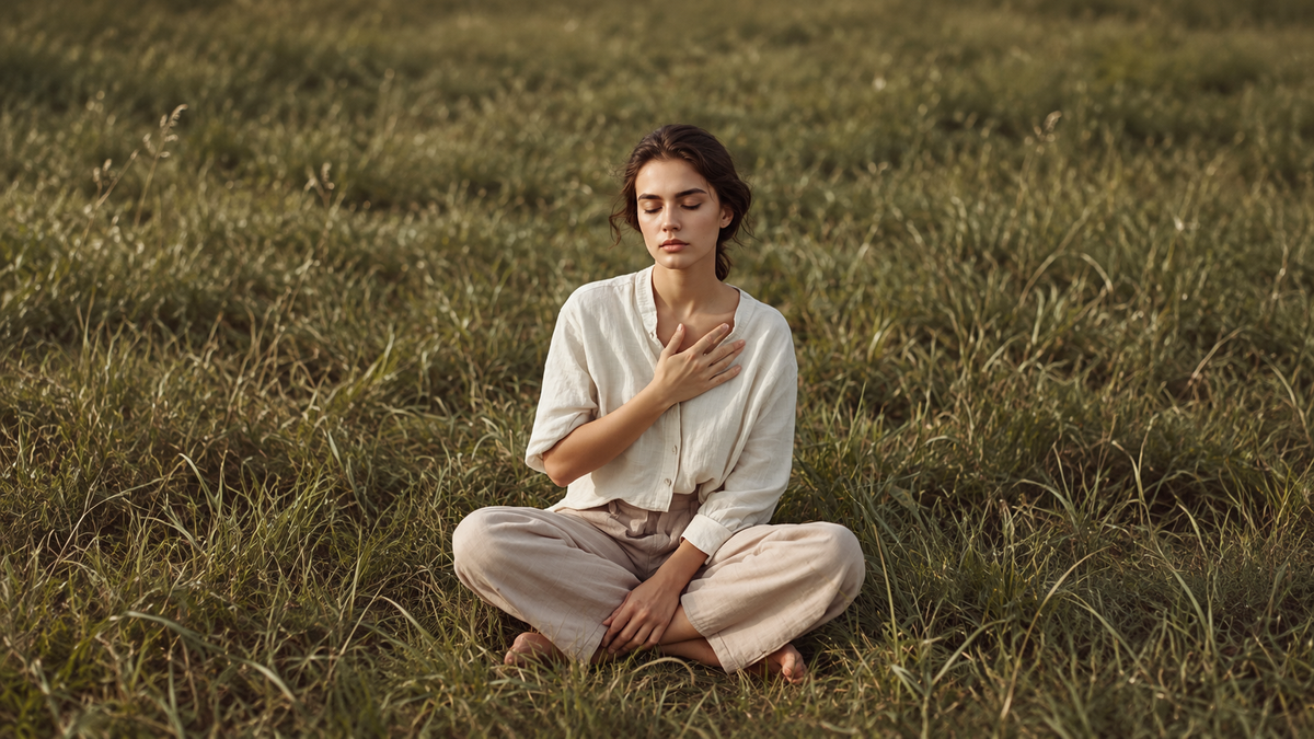 A woman seated in a field with eyes closed and hand on heart, embodying stillness and the calming ritual.