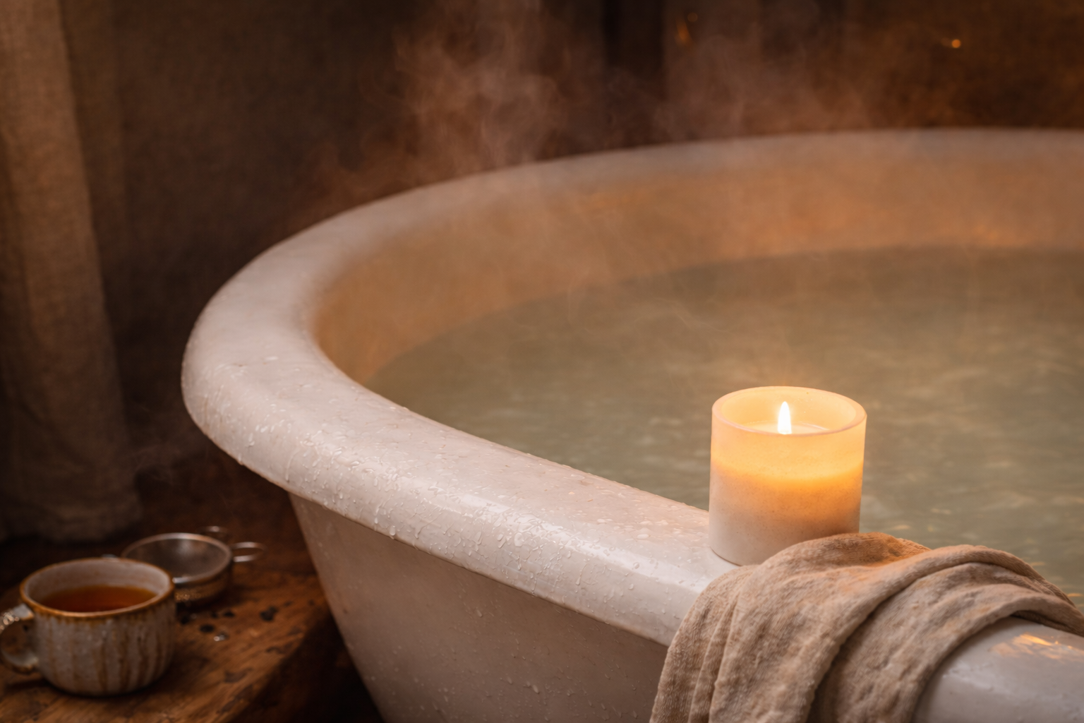 Candlelit clawfoot bathtub ritual with steaming bath water, herbal tea, and linen towel creating a calming home spa atmosphere.