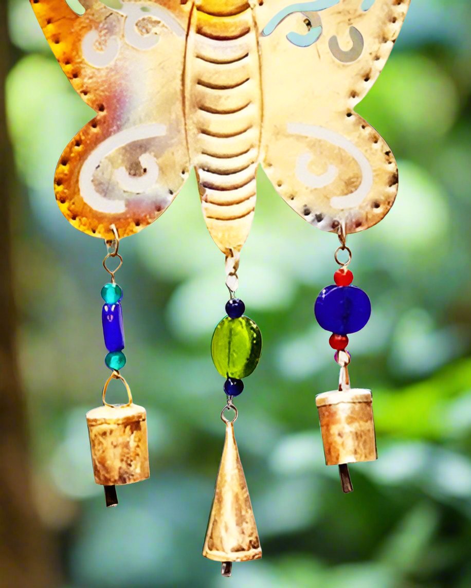 Butterfly Chime | Handcrafted Iron Chime with Glass Beads & Tin Bells for Sacred Space & Joyful Energy